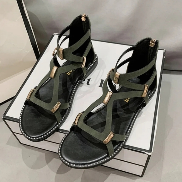 Open Toe Back Zipper Flat Sandals - Picture 1 of 4
